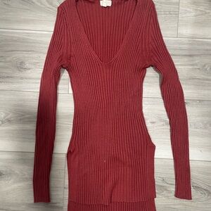 Ambiance Deep Red Ribbed V-Neck Sweater